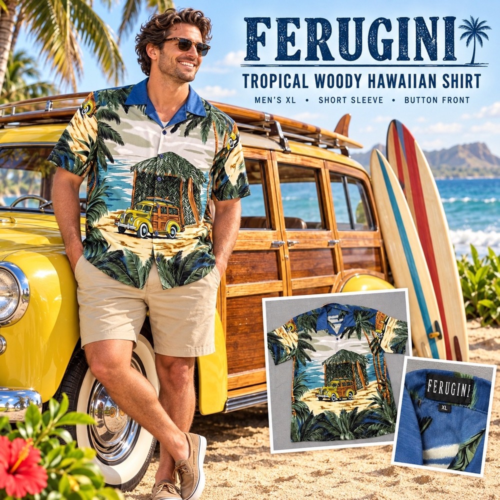 Ferugini Mens XL Hawaiian Shirt Woody Wagon Beach Tiki Hut Tropical Blue Yellow